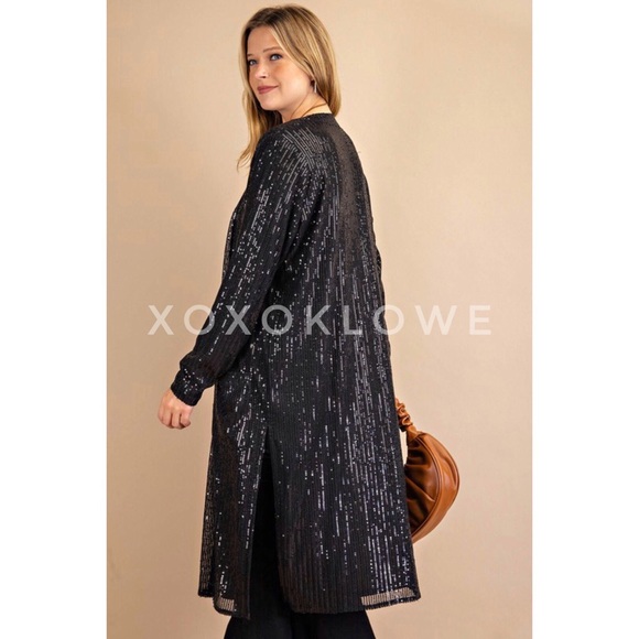 Black SEQUIN Open Front Duster Long Fully Lined - Picture 9 of 13